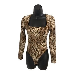 Cheetah animal print square neck sculpting long sleeve‎ bodysuit size Large new
